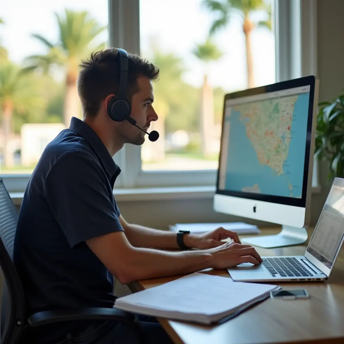 Moving coordinator with a headset planning a move on a map of coastal Broward County at a Pompano Beach desk