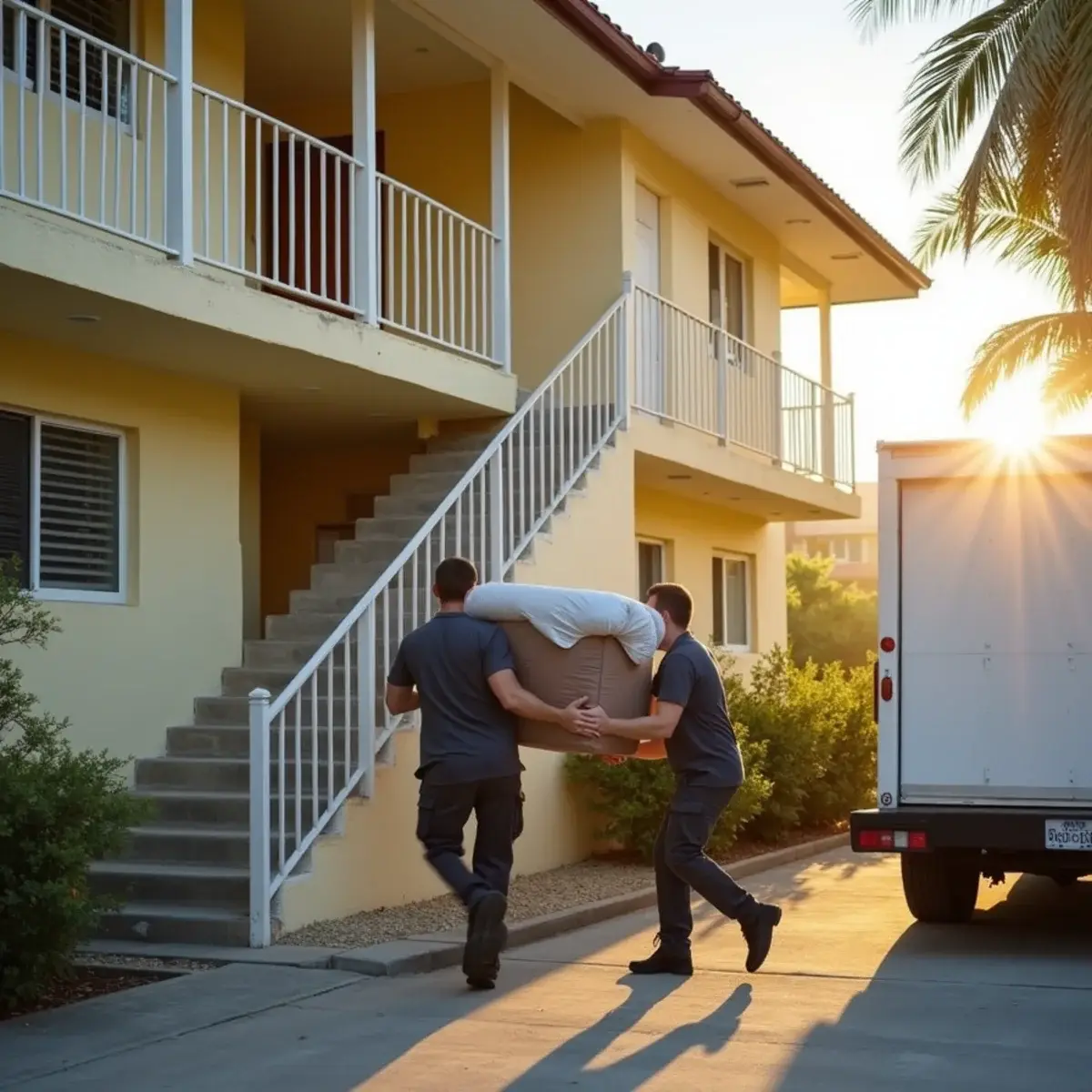 Two movers carrying a wrapped load past the exterior stairs of a two-story walk-up apartment building in Pompano Beach