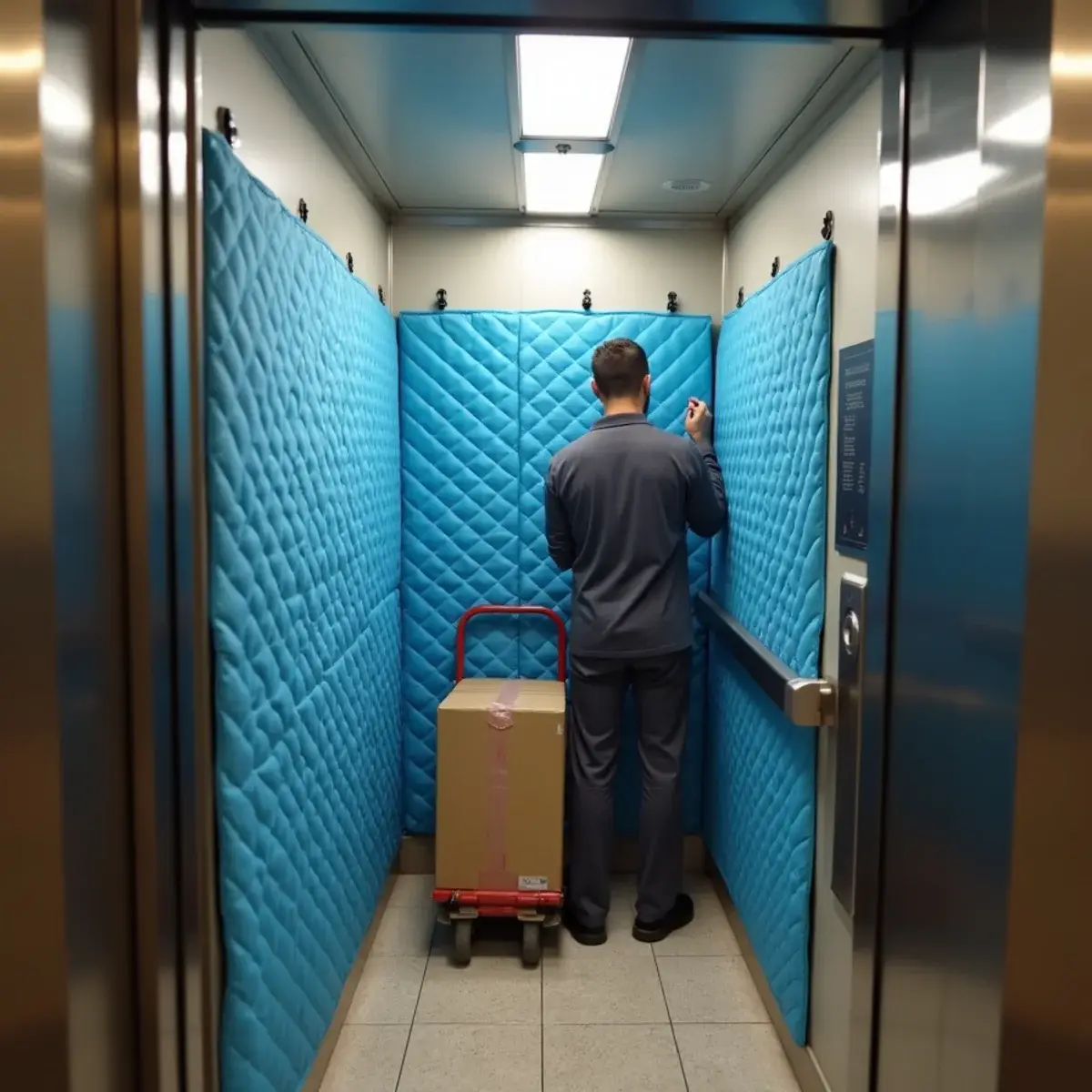 Mover hanging protective pads inside a condo service elevator before an apartment move in Pompano Beach