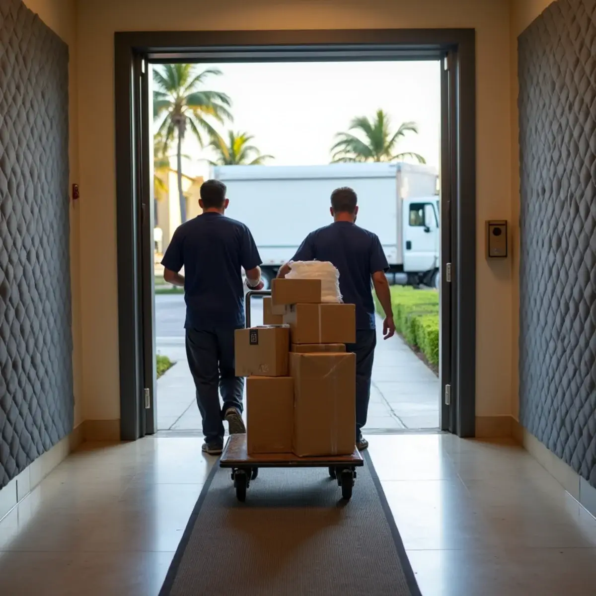 Movers rolling a cart of boxes out through a padded condo building doorway toward a truck in Pompano Beach