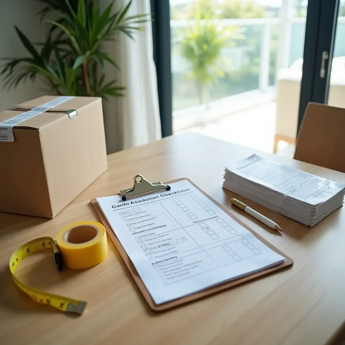 Moving checklist on a clipboard, tape measure, packing tape and a carton on a table in a Pompano Beach condo