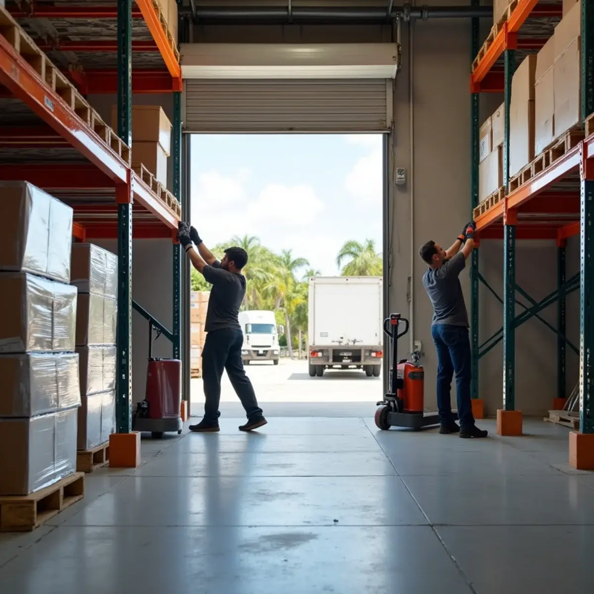 Crew taking down steel pallet shelving inside a warehouse unit near Pompano Beach Airpark