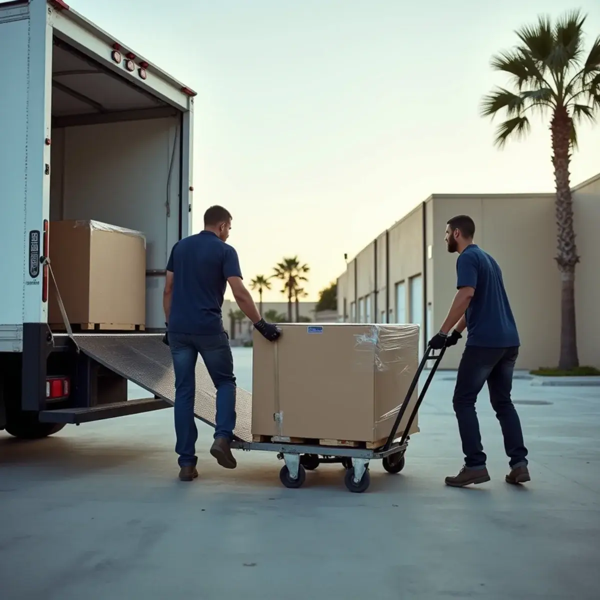 Movers rolling large cartons on a dolly between a box truck and a warehouse unit near Pompano Beach Airpark