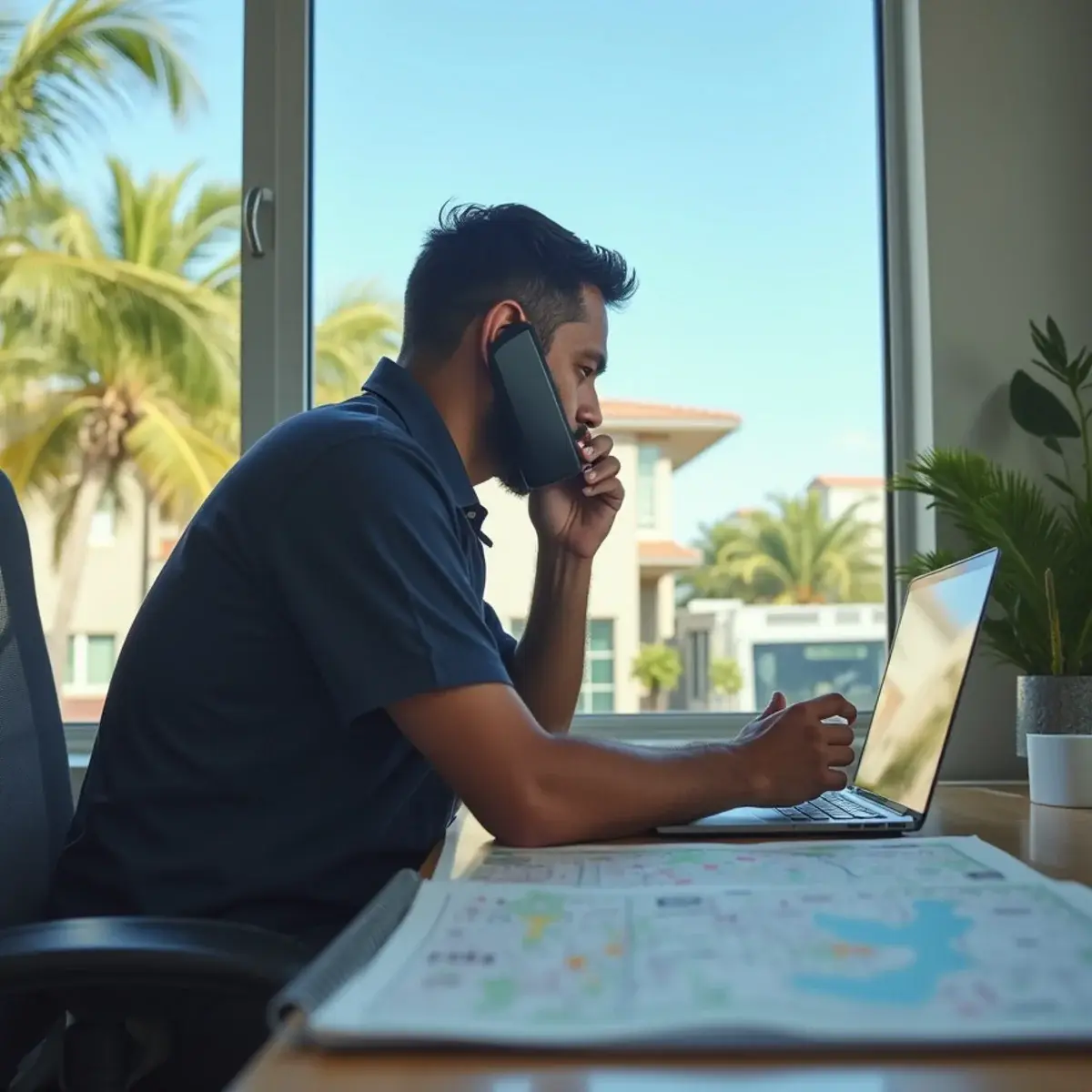 Moving coordinator on a phone call with a laptop and an area map, arranging a move in Pompano Beach