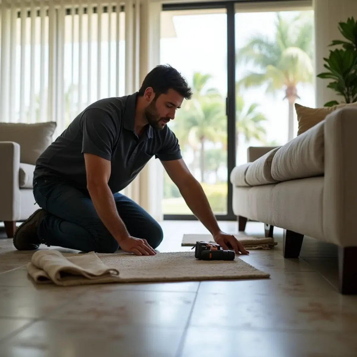 Mover kneeling with tools beside a sectional sofa to take it apart in a Pompano Beach living room