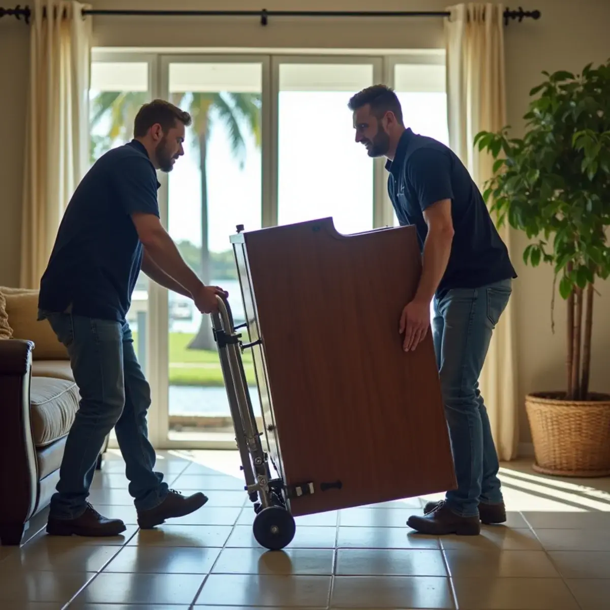 Two movers easing an upright piano onto a hand truck in a tiled Pompano Beach living room