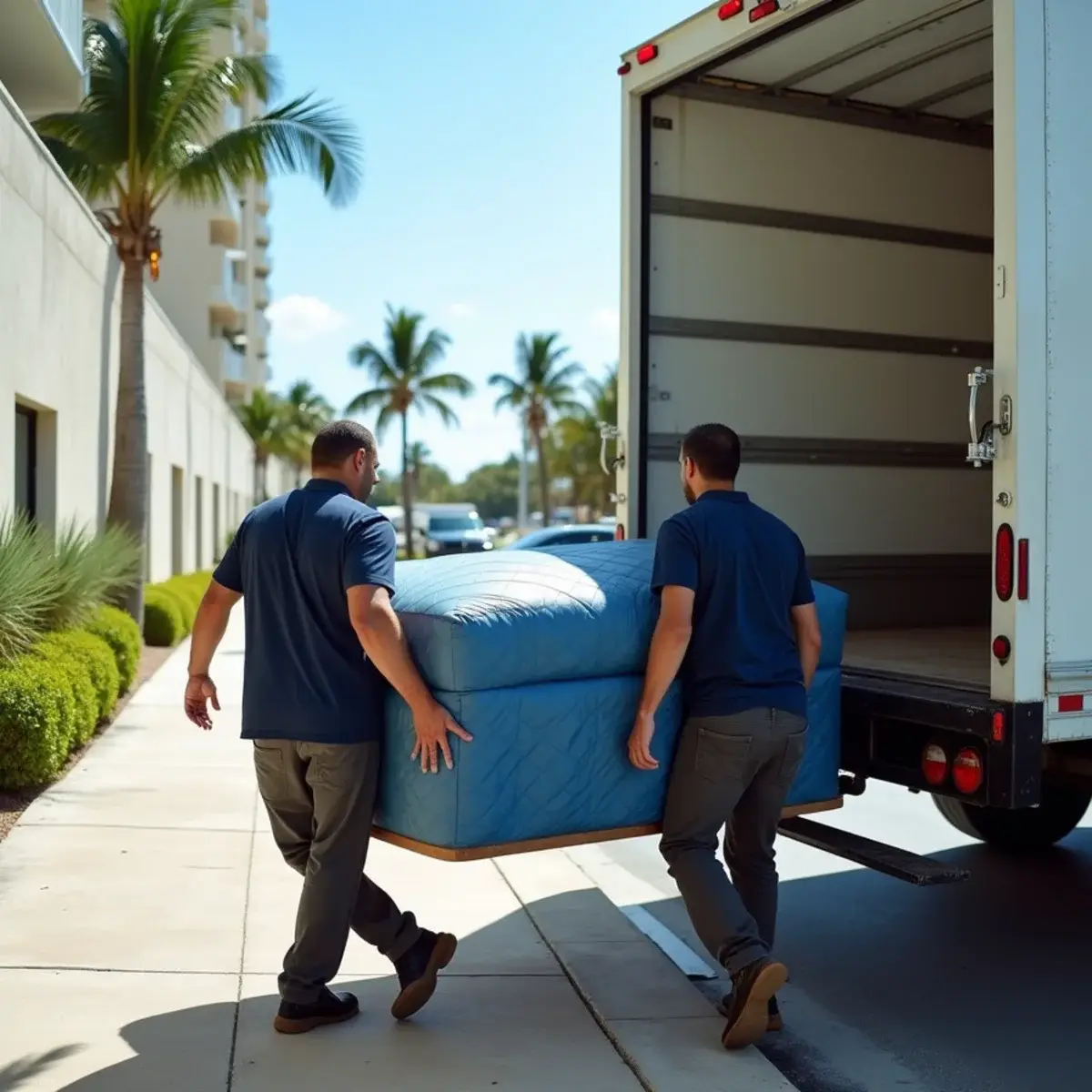 Two movers carrying a padded sofa from an unbranded box truck toward a Pompano Beach condo building