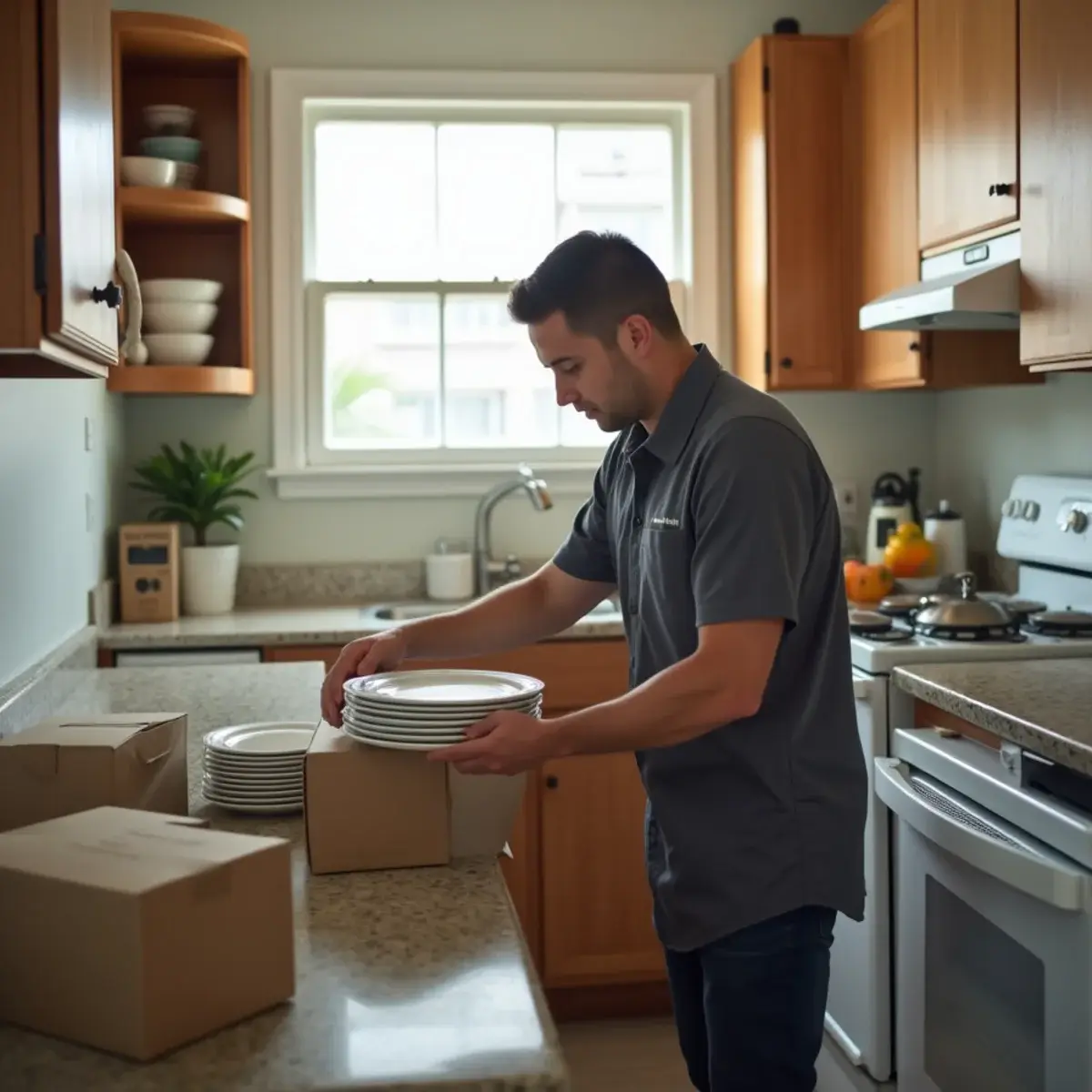 Mover packing a kitchen into cartons on the day of a short-notice move in Pompano Beach