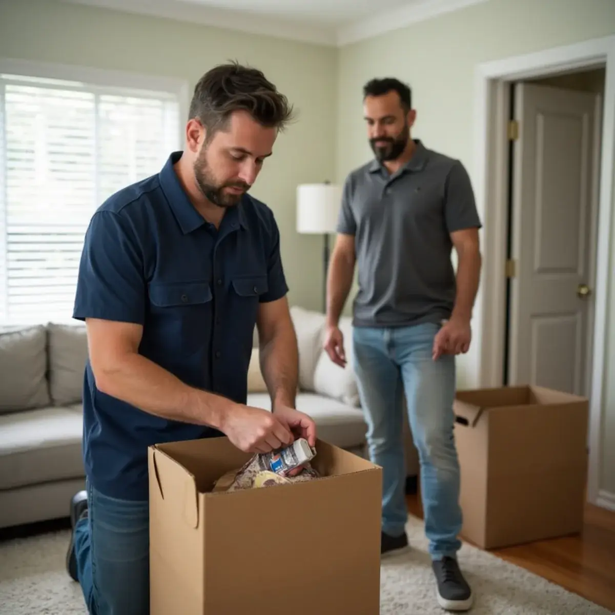 Mover packing essentials into a box as the resident looks on during a short-notice move in Pompano Beach