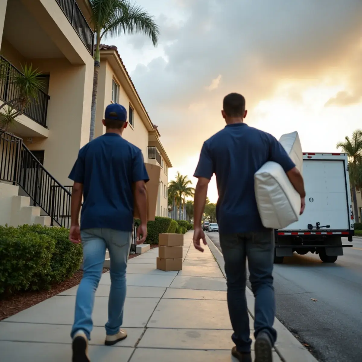 Movers quickly loading boxes from a Pompano Beach garden apartment into a white truck in the late afternoon