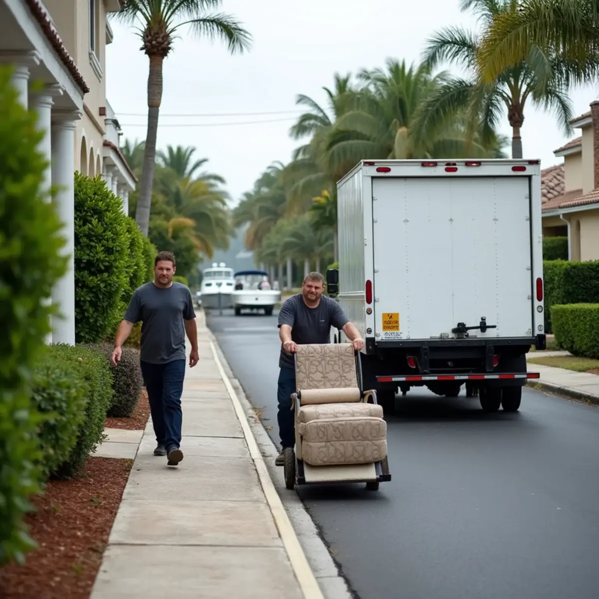 Moving crew loading furniture into a box truck parked on a narrow canal-front street east of Federal Highway in Pompano Beach