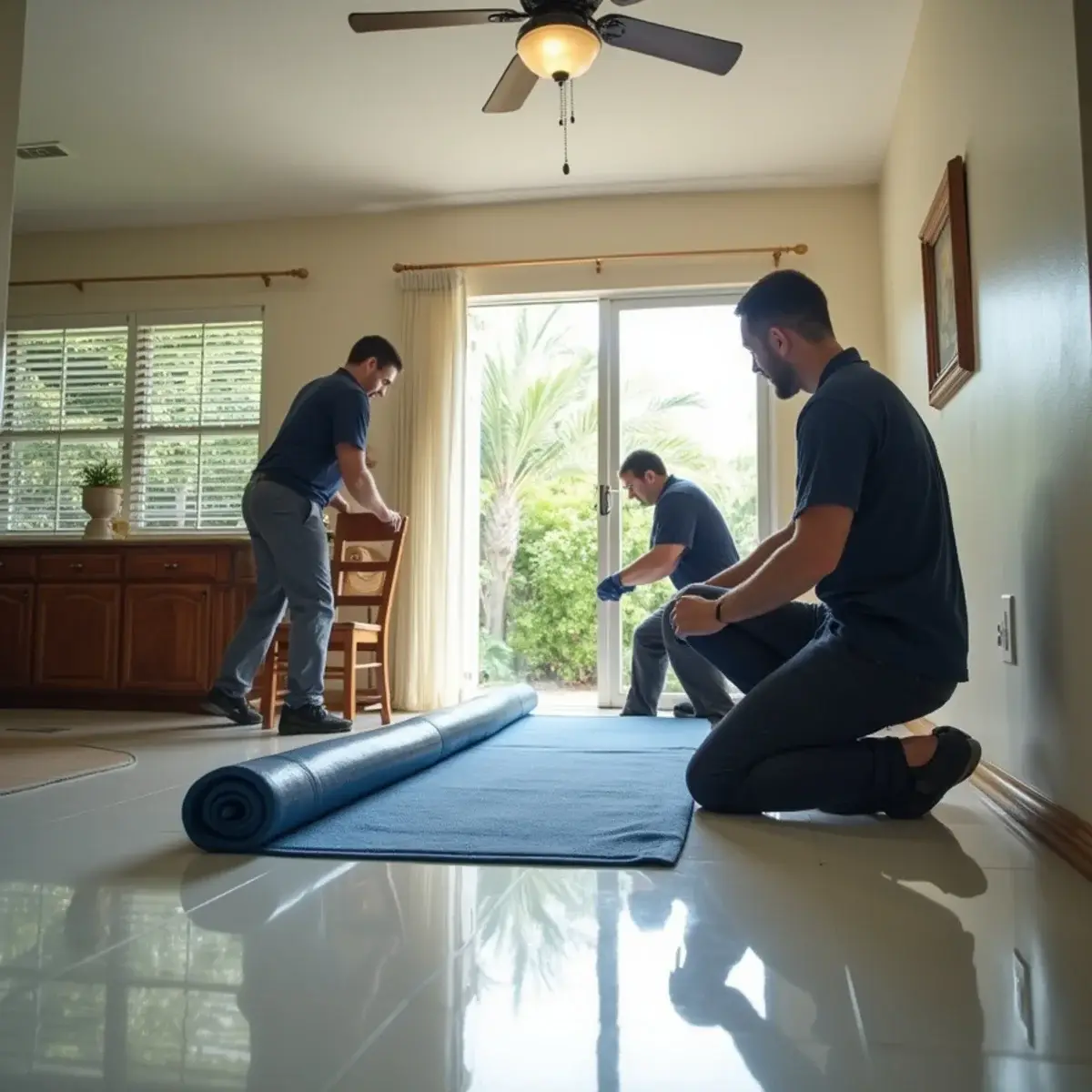 Mover laying a protective floor runner across tile in a Pompano Beach home before furniture is carried out
