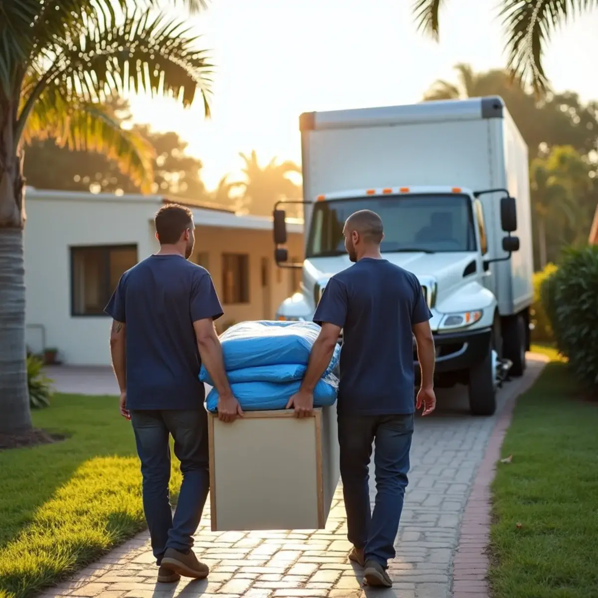 Movers carrying a pad-wrapped dresser from a single-story ranch house to a white box truck in Pompano Beach, FL