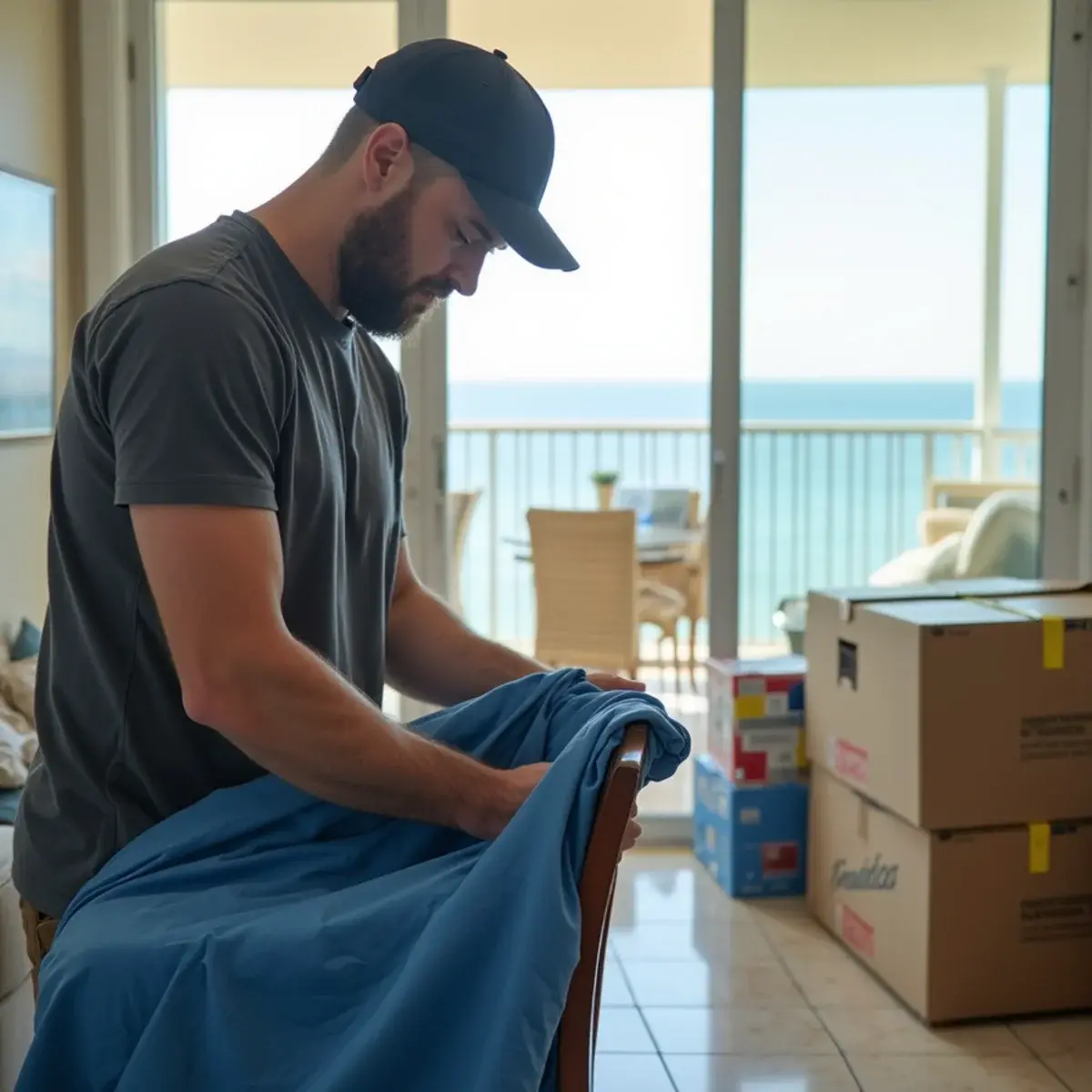 Mover pad-wrapping a chair beside packed cartons in an oceanfront Pompano Beach condo