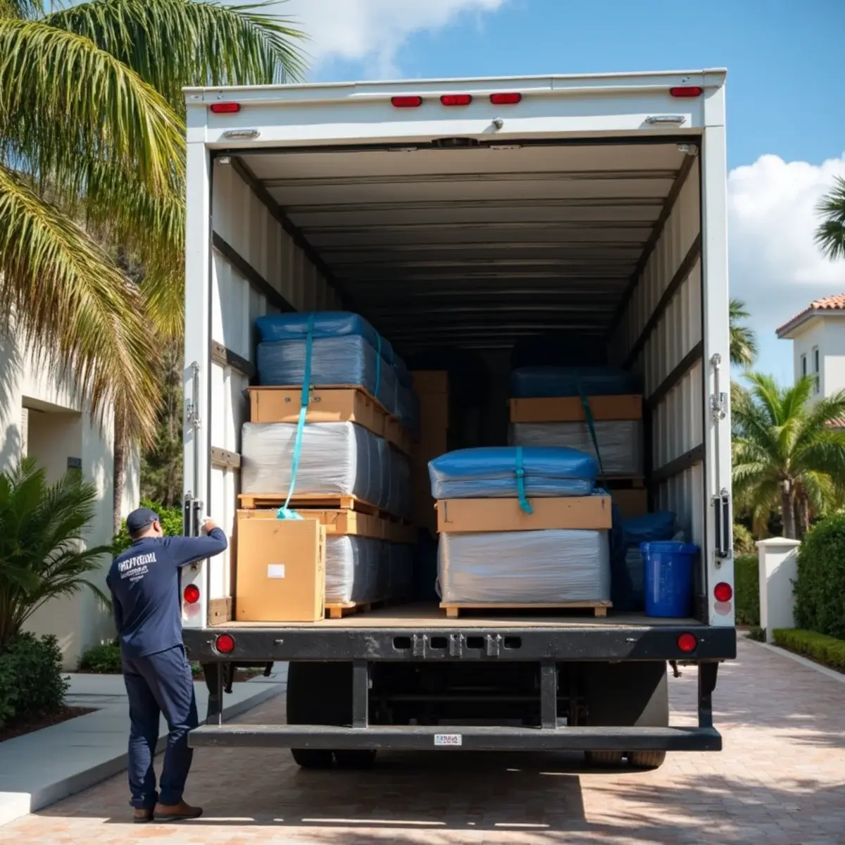 Wrapped furniture and cartons stacked in tight tiers inside a moving truck for a long distance move from Pompano Beach