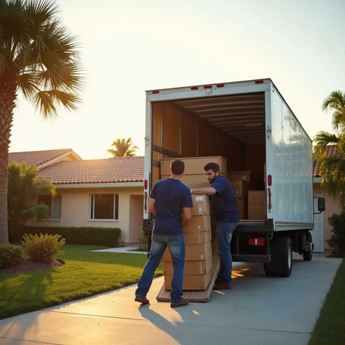 Movers wheeling a tall stack of cartons into a moving truck outside a Pompano Beach ranch home for a long distance move