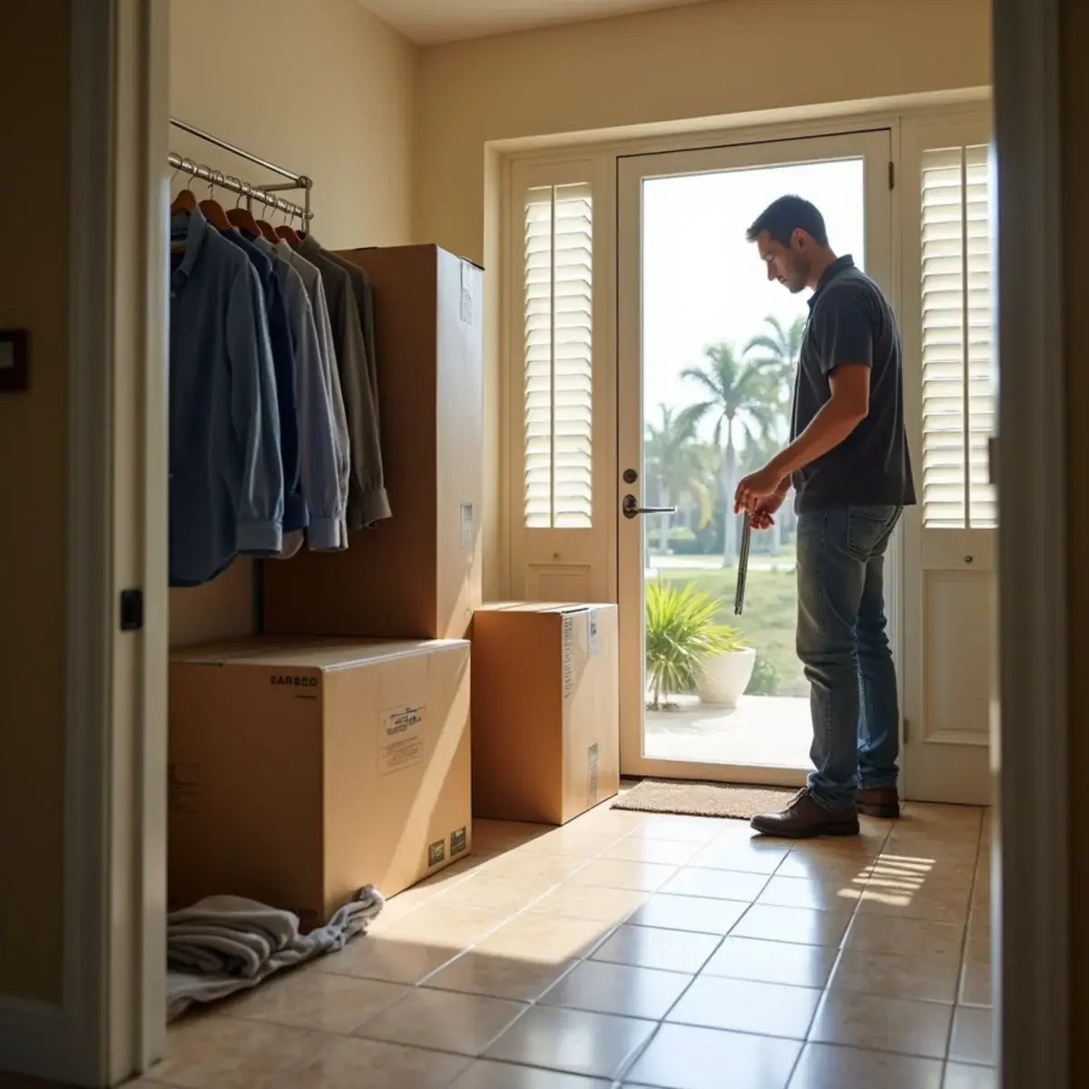 Wardrobe box of hanging clothes and packed cartons by the front door of a Pompano Beach home