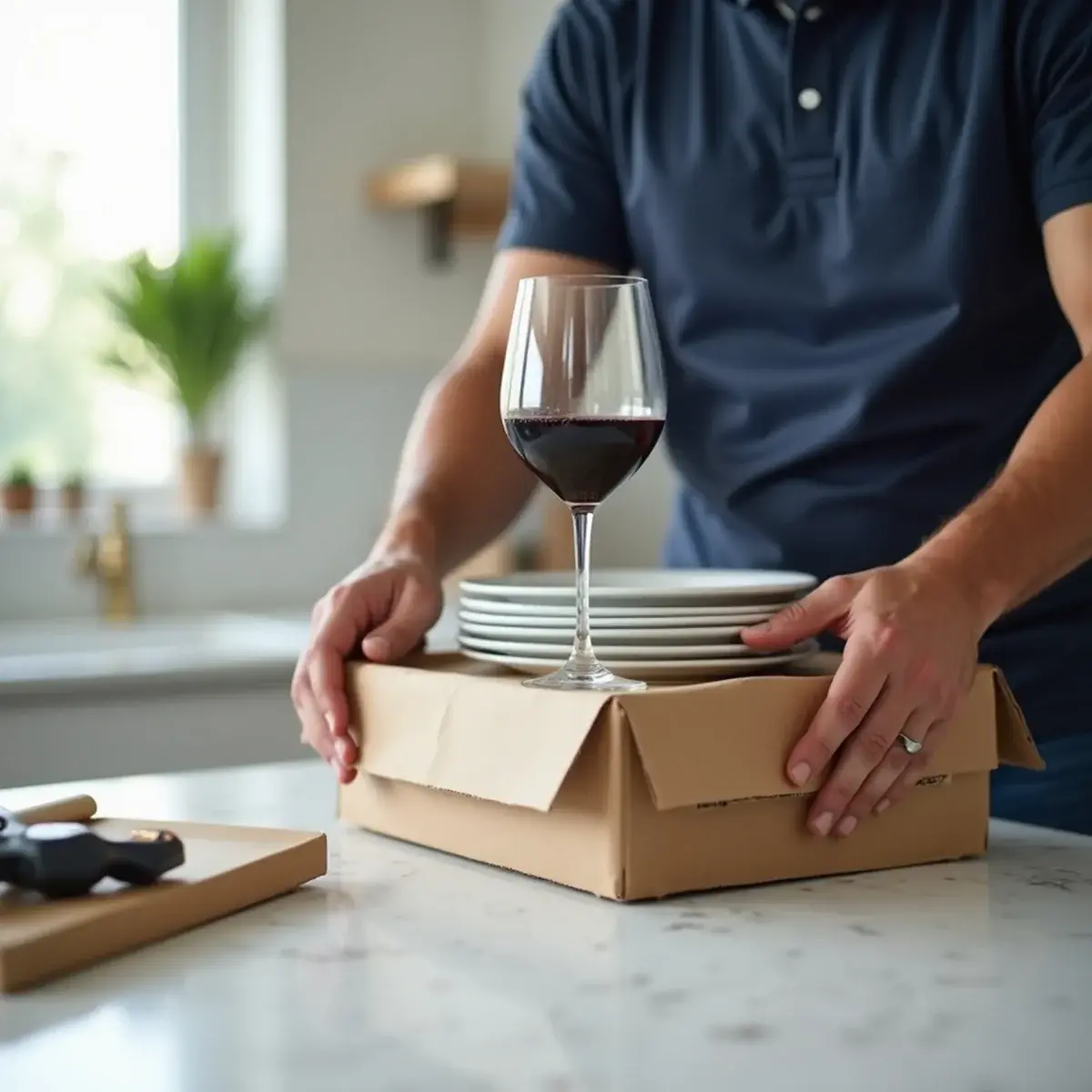 Packer setting plates into a carton beside a wine glass in a bright Pompano Beach condo kitchen