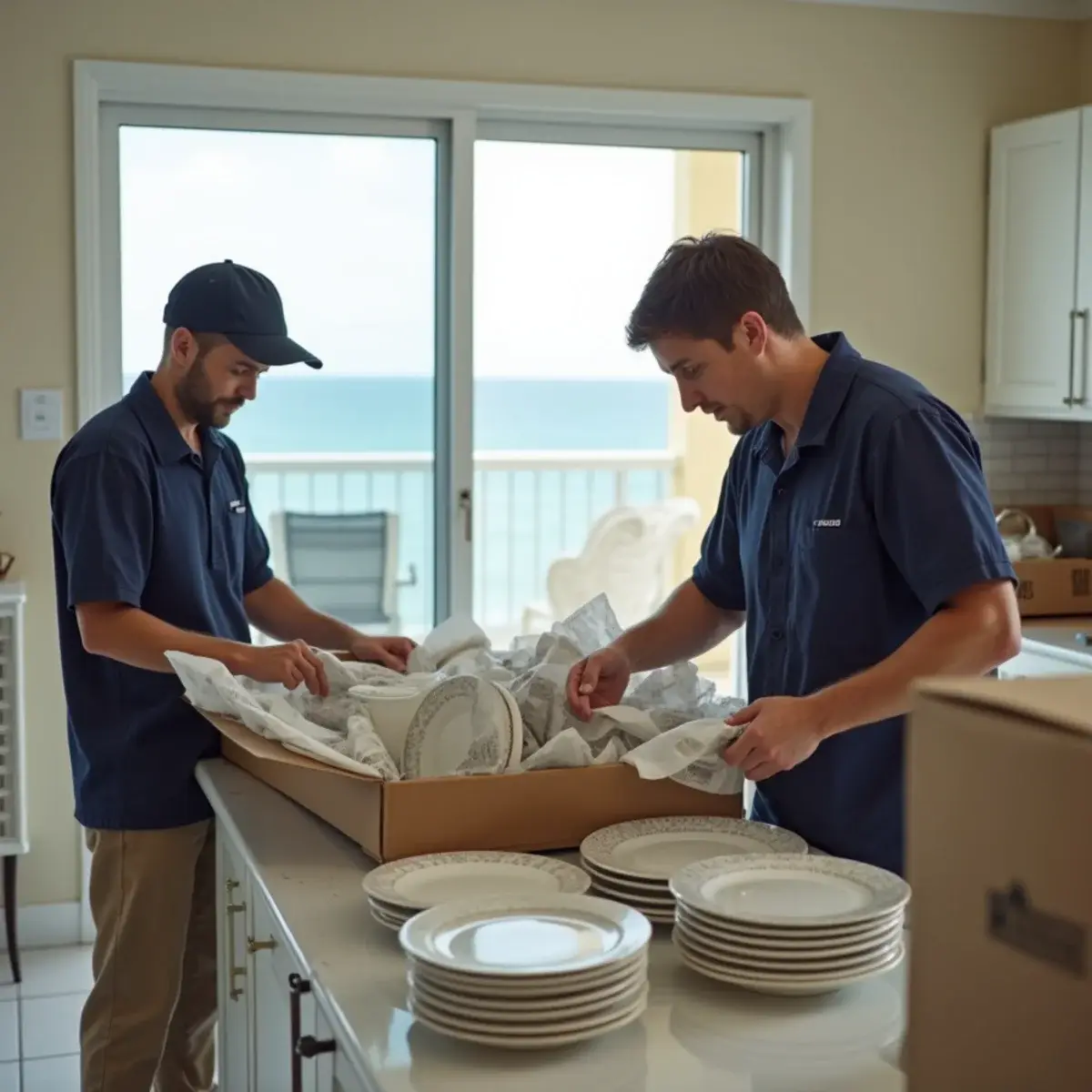 Packers wrapping dishes and filling labeled moving cartons in a bright Pompano Beach condo kitchen