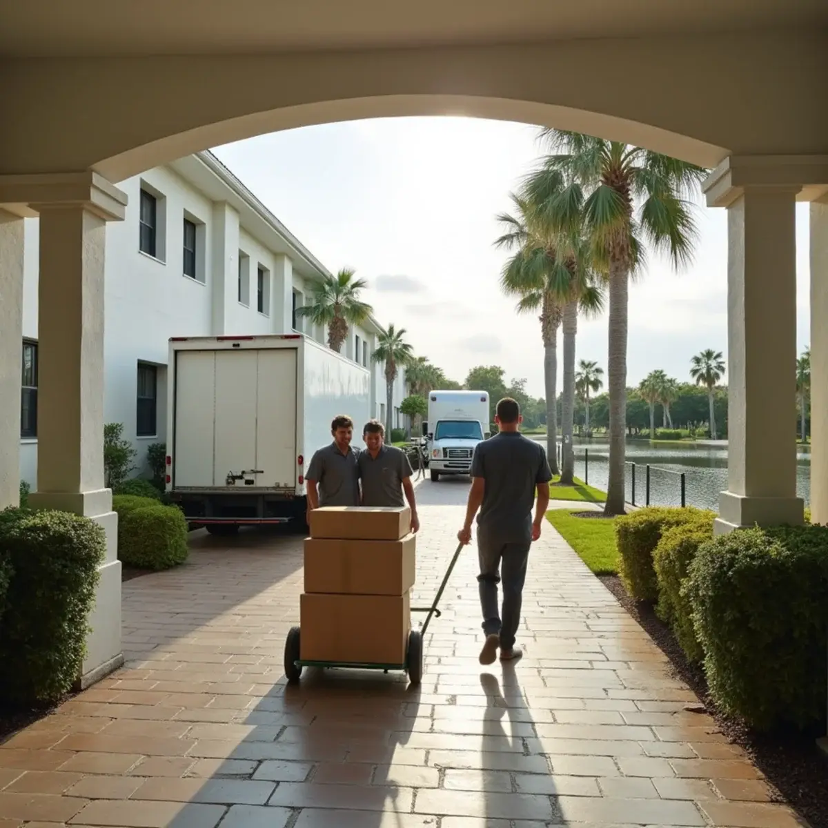 Movers loading a dolly of cartons at a low-rise condo building in a Deerfield Beach 55+ community