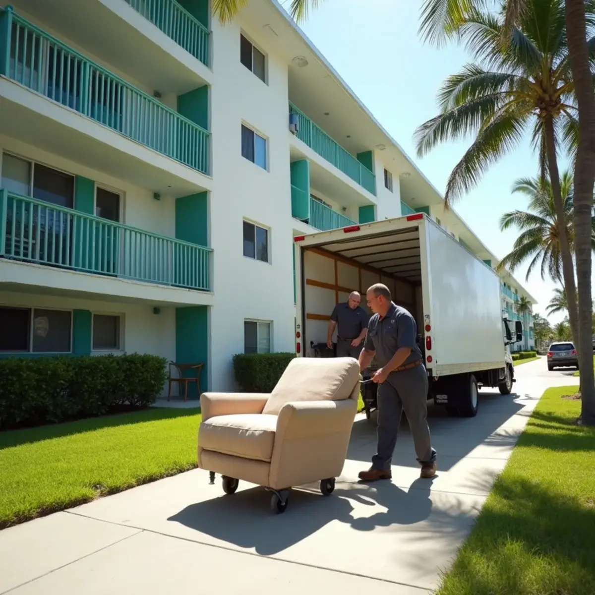 Movers rolling a wrapped armchair on a dolly toward a low-rise condo building in Deerfield Beach, FL
