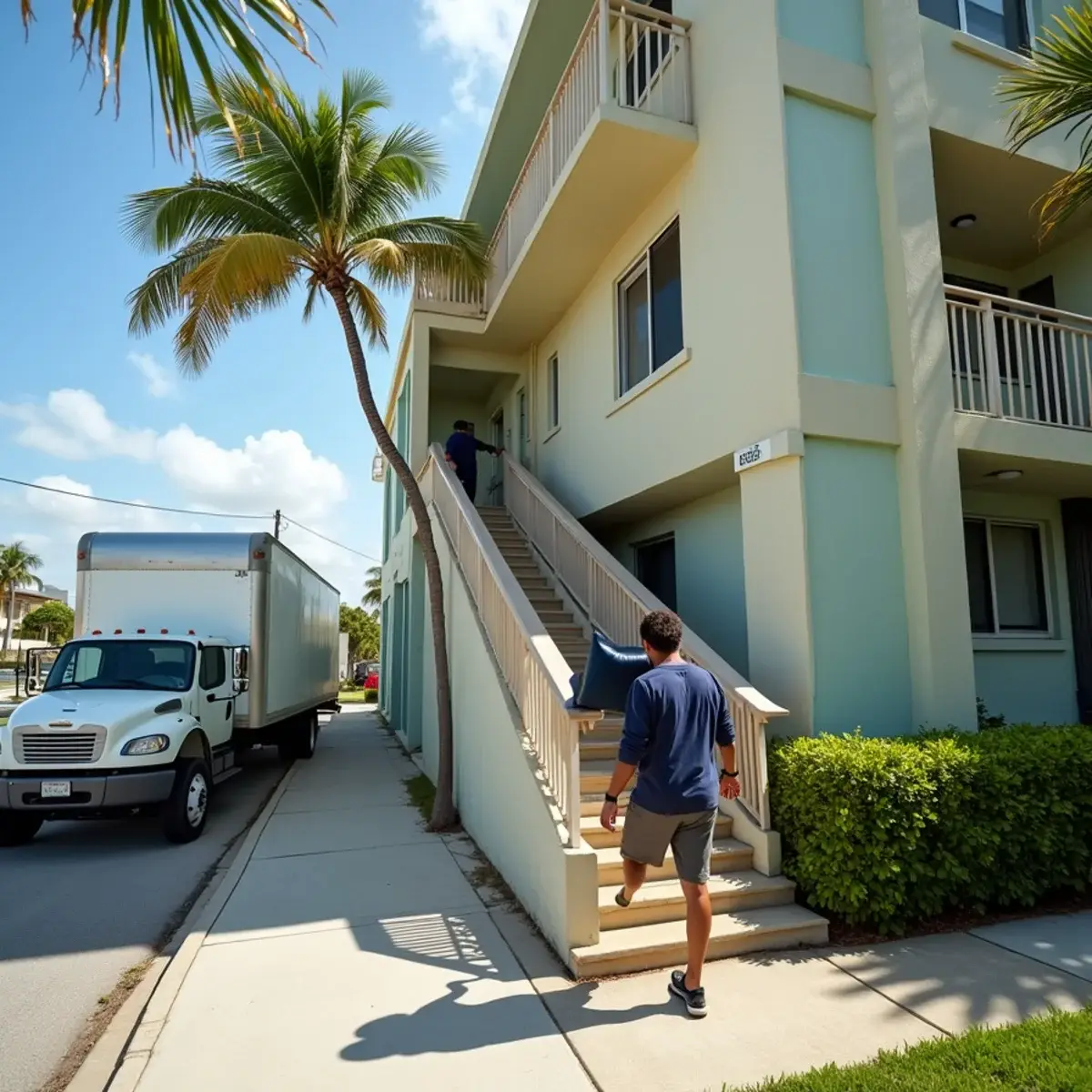 Mover heading up the outdoor stairway of a pastel low-rise condo off A1A in Lauderdale-by-the-Sea, truck at the curb