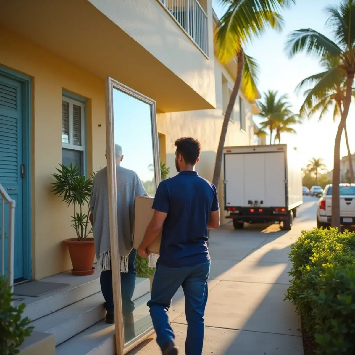 Mover carrying a large mirror from a two-story beach condo building to a truck in Lauderdale-by-the-Sea, FL