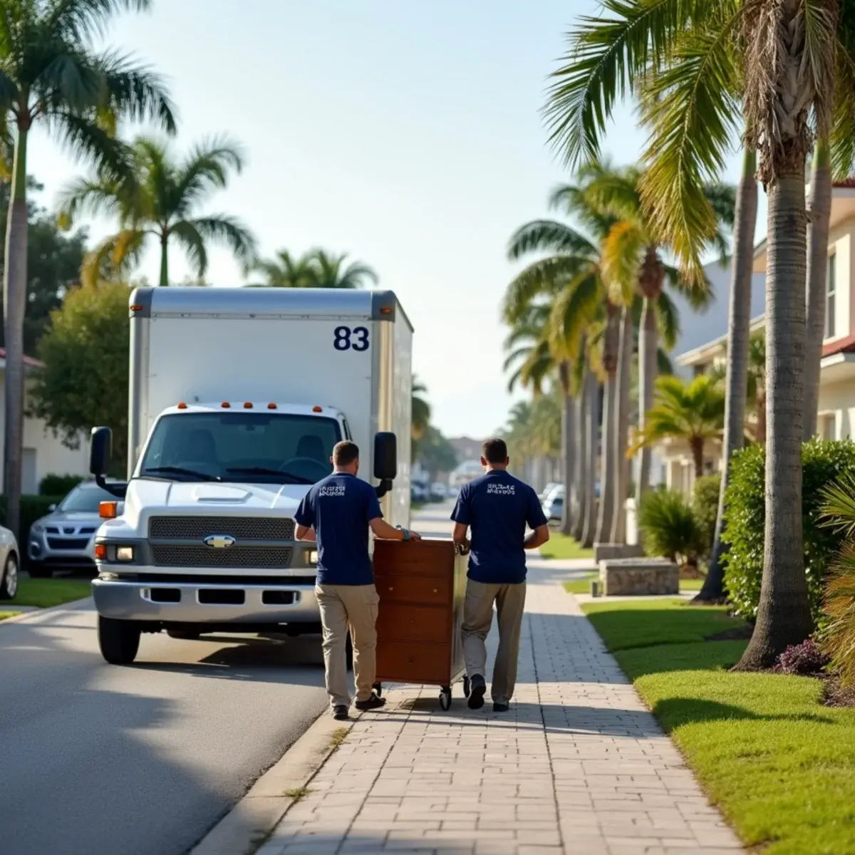 Moving truck parked on a palm-lined residential street in Lighthouse Point while movers roll a dresser along the sidewalk