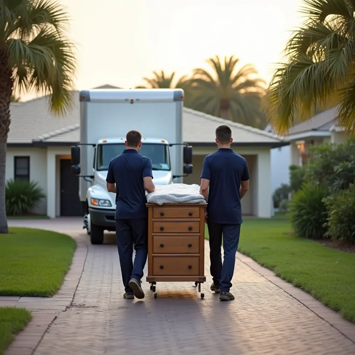 Two movers rolling a dresser on a dolly to a moving truck outside a single-story home in Lighthouse Point, FL