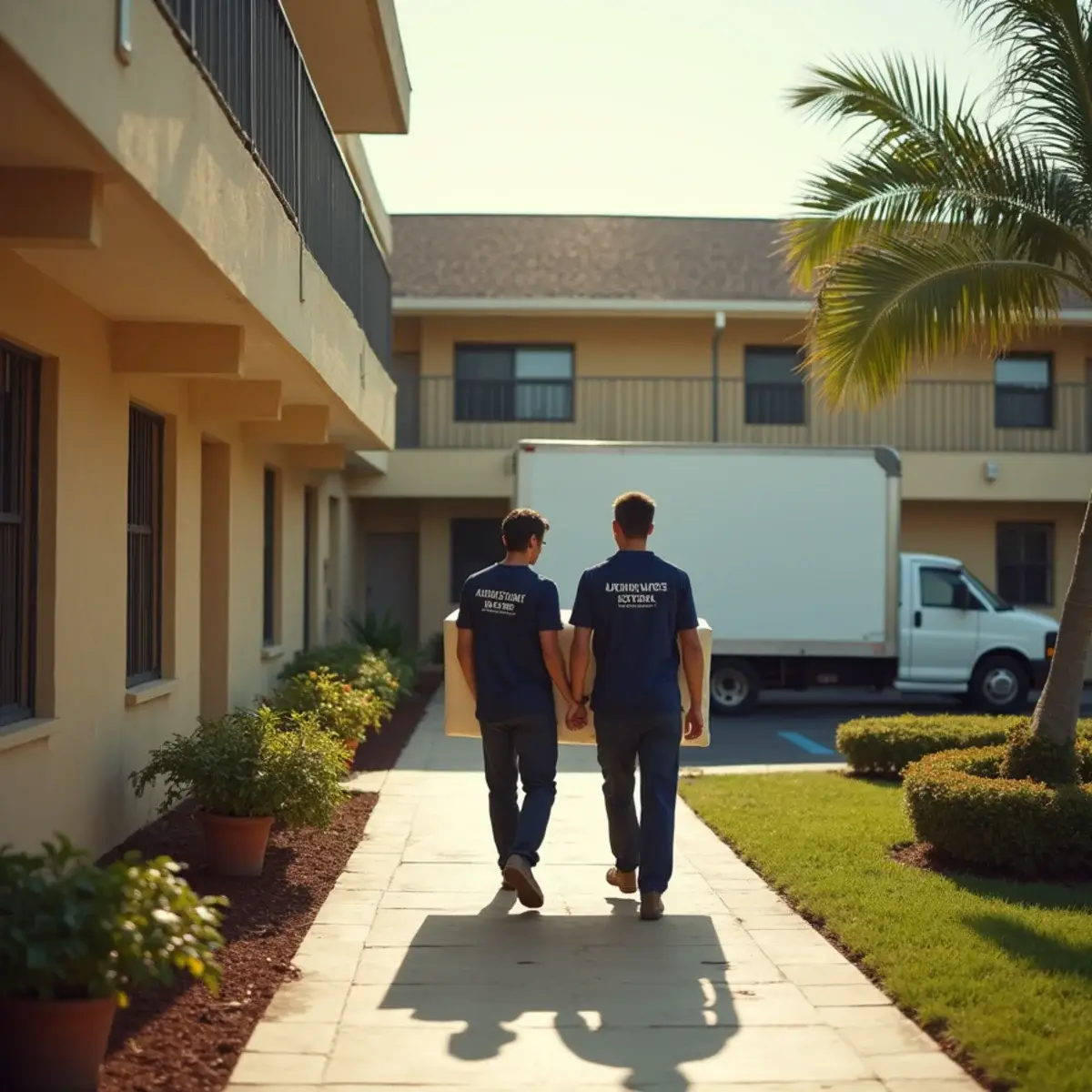 Two movers carrying cartons along the walkway of a two-story garden apartment complex in Oakland Park, FL