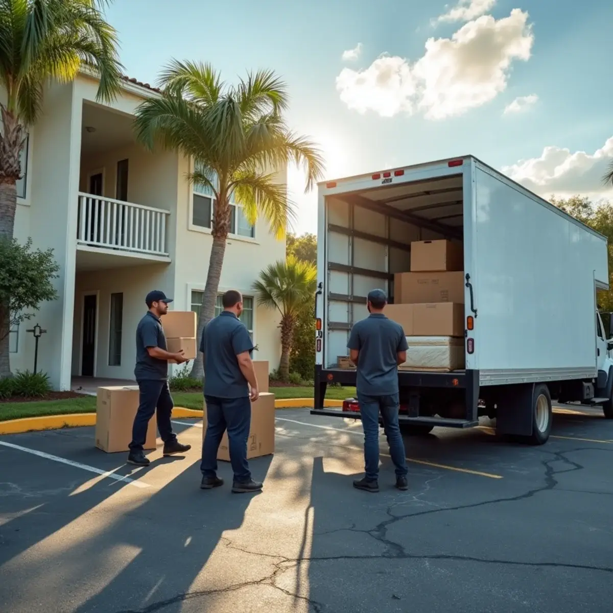 Movers loading boxes into a white truck outside a two-story garden apartment building in Oakland Park, FL