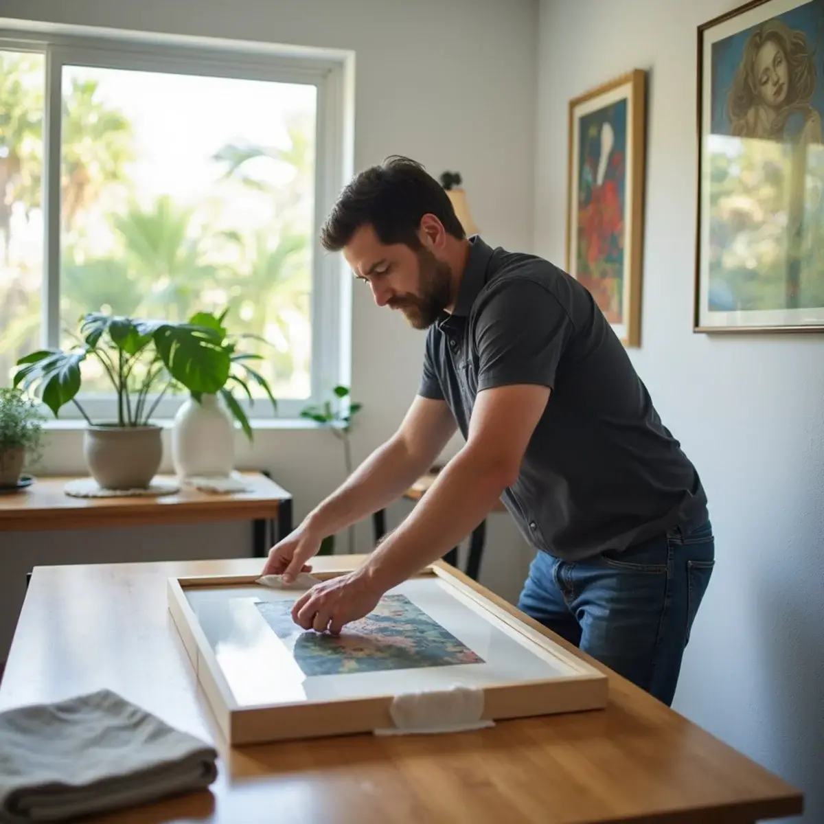 Mover wrapping a framed painting on a padded table inside a Wilton Manors bungalow