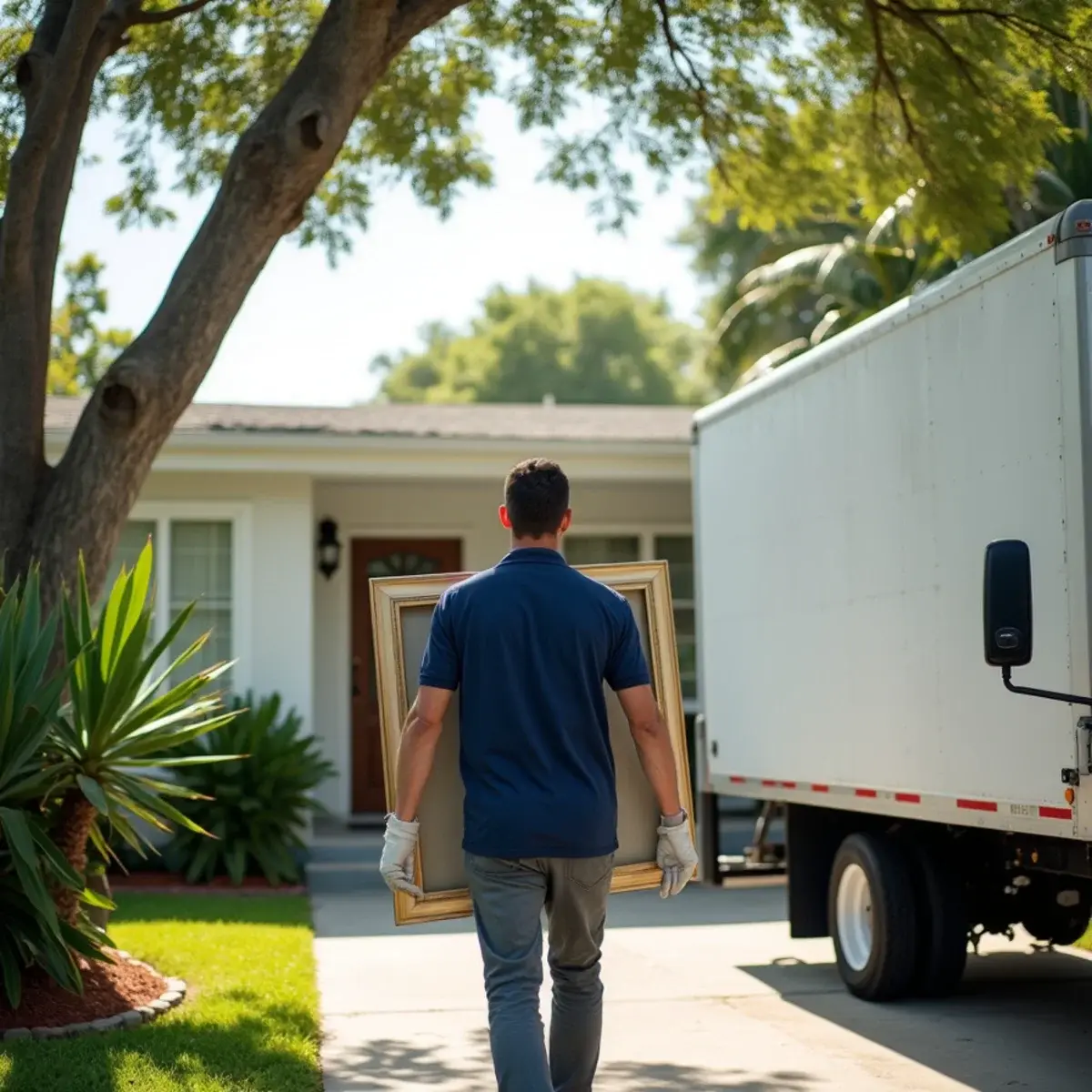Mover carrying a framed painting wrapped in padding from a bungalow in Wilton Manors, FL