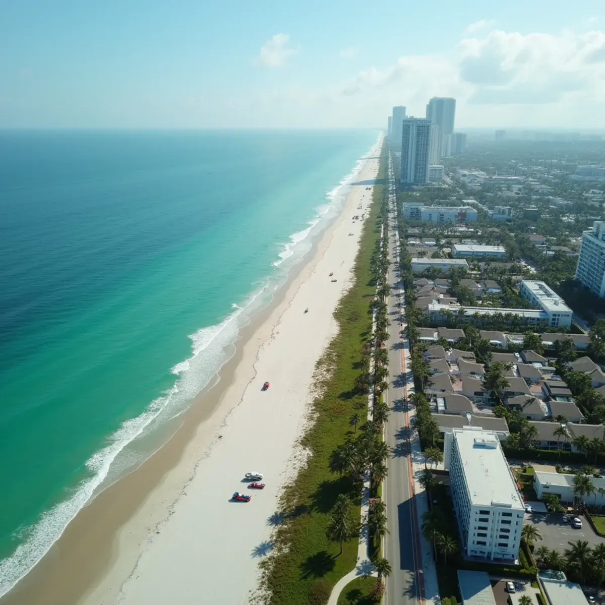 Aerial view of the Pompano Beach shoreline, A1A condo towers and neighborhoods along the Broward County coast